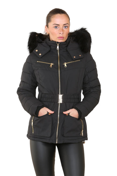 Womens Ladies Quilted Padded Faux Fur Hood Black Winter Coat Jacket UK Size 6-14