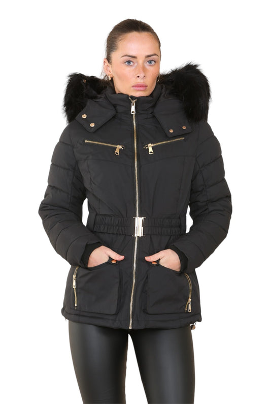 Womens Ladies Quilted Padded Faux Fur Hood Black Winter Coat Jacket UK Size 6-14