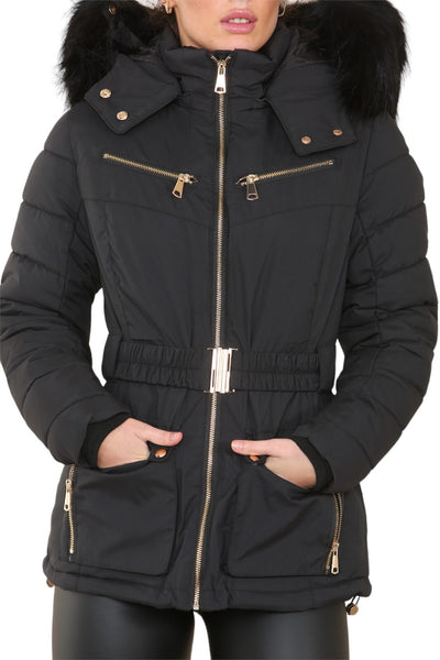 Womens Ladies Quilted Padded Faux Fur Hood Black Winter Coat Jacket UK Size 6-14