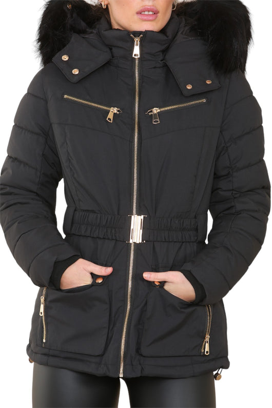 Womens Ladies Quilted Padded Faux Fur Hood Black Winter Coat Jacket UK Size 6-14