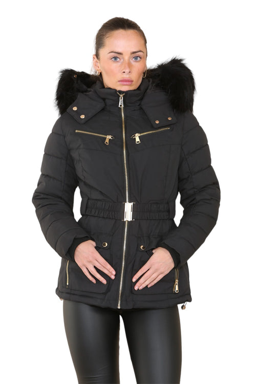 Womens Ladies Quilted Padded Faux Fur Hood Black Winter Coat Jacket UK Size 6-14