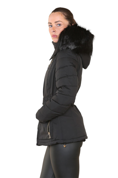 Womens Ladies Quilted Padded Faux Fur Hood Black Winter Coat Jacket UK Size 6-14