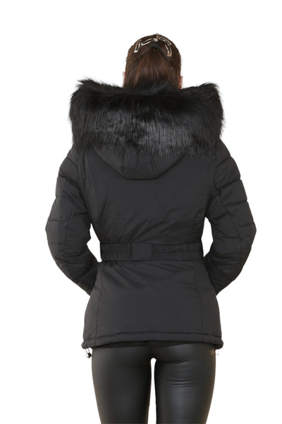Womens Ladies Quilted Padded Faux Fur Hood Black Winter Coat Jacket UK Size 6-14