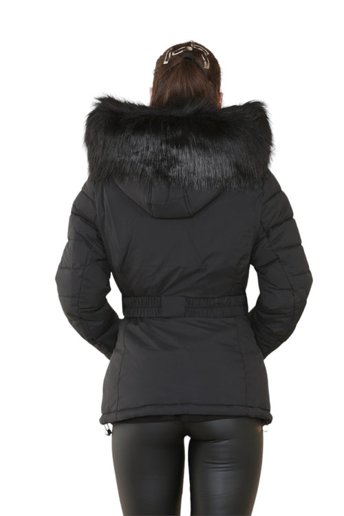 Womens Ladies Quilted Padded Faux Fur Hood Black Winter Coat Jacket UK Size 6-14