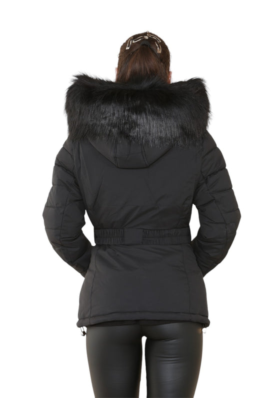 Womens Ladies Quilted Padded Faux Fur Hood Black Winter Coat Jacket UK Size 6-14